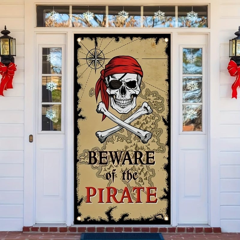 TOMHONG Pirate Door Cover Banner Beware of the Pirate 71x35 Inch Party Door Sign for Front Door Skull Map Design Door Cover for Halloween Theme Party Outdoor Decor - Image 1